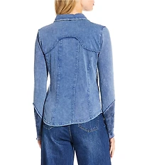 Reba Anissa Point Collar Long Sleeve Embroidered Button Front Top