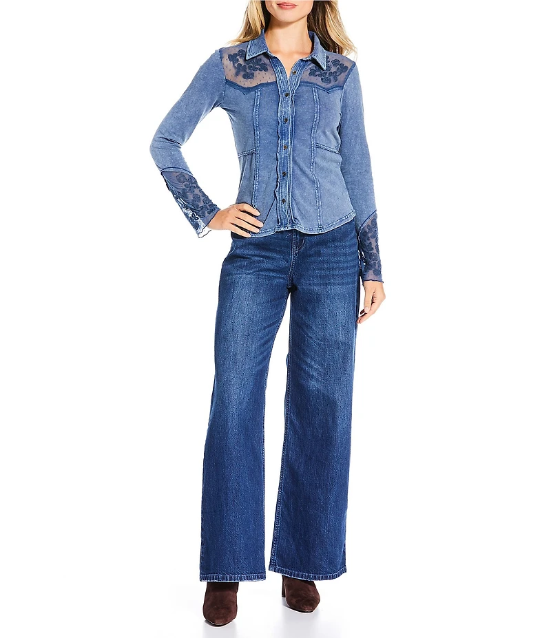 Reba Anissa Point Collar Long Sleeve Embroidered Button Front Top
