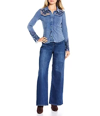 Reba Anissa Point Collar Long Sleeve Embroidered Button Front Top