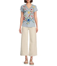 Reba Arizona Jersey Knit V-Neck Short Sleeve Embroidered Shirt