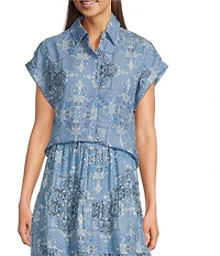 Reba Austin Bandana Print Coordinating Point Collar Short Sleeve Button Front Top