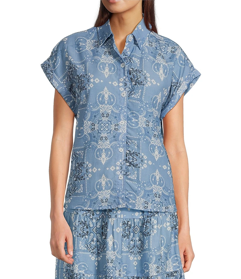 Reba Austin Bandana Print Coordinating Point Collar Short Sleeve Button Front Top