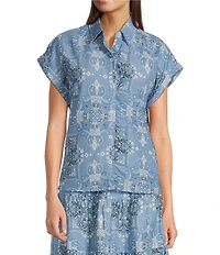 Reba Austin Bandana Print Coordinating Point Collar Short Sleeve Button Front Top