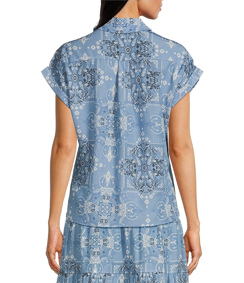 Reba Austin Bandana Print Coordinating Point Collar Short Sleeve Button Front Top