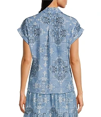 Reba Austin Bandana Print Coordinating Point Collar Short Sleeve Button Front Top