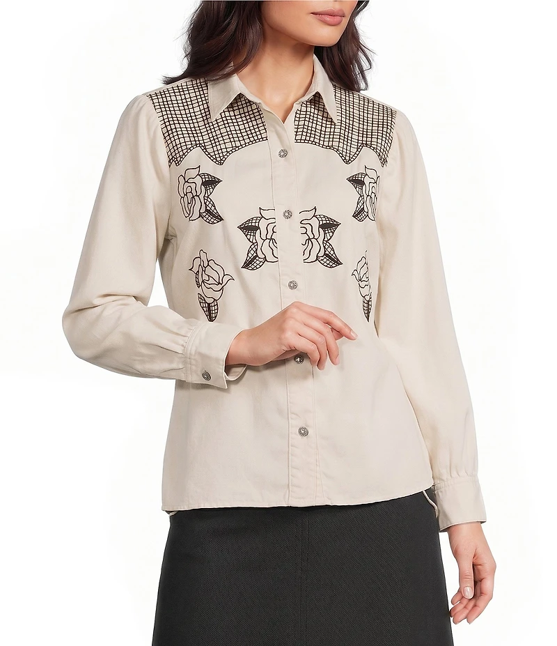 Reba Cassidy Woven Point Collar Long Sleeve Rose Embroidered Top