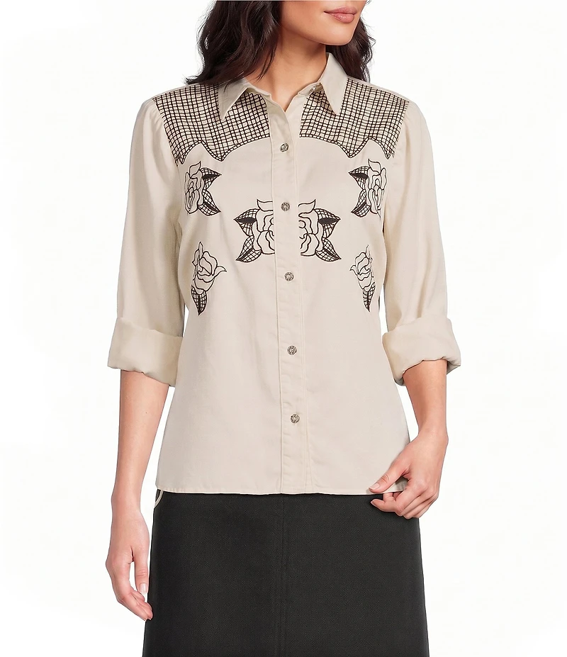 Reba Cassidy Woven Point Collar Long Sleeve Rose Embroidered Top