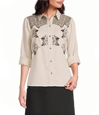 Reba Cassidy Woven Point Collar Long Sleeve Rose Embroidered Top