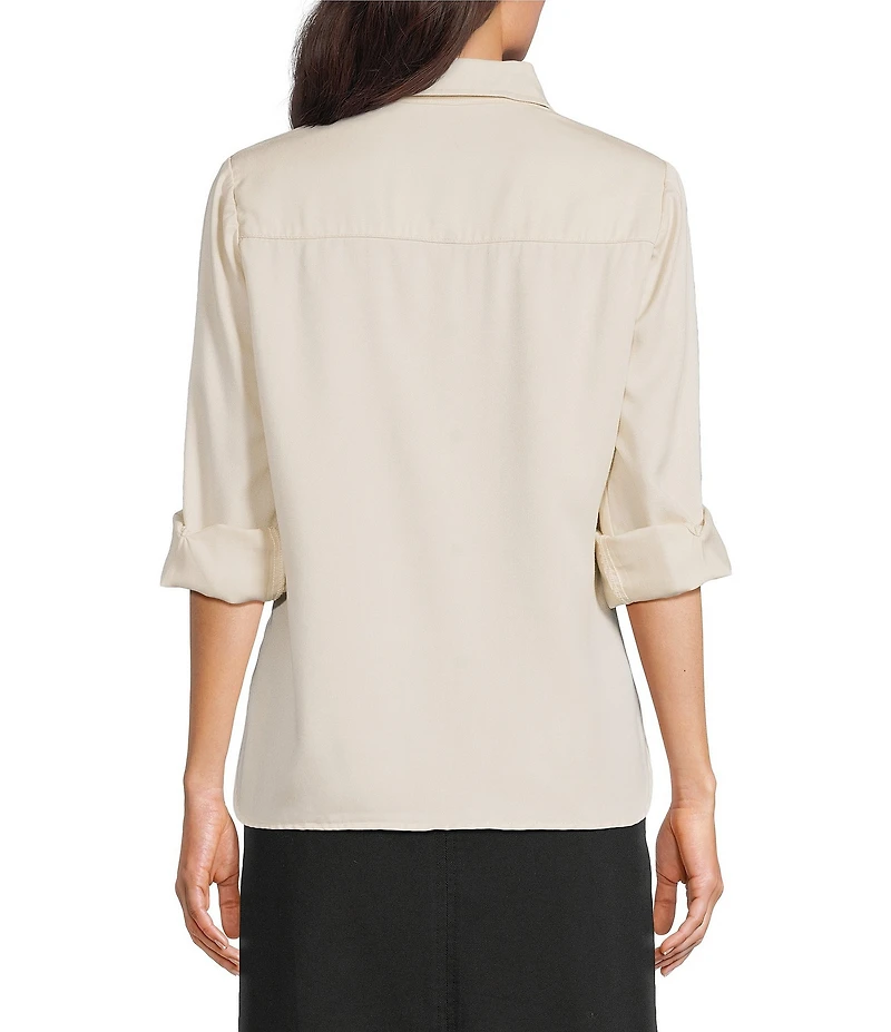 Reba Cassidy Woven Point Collar Long Sleeve Rose Embroidered Top