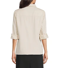 Reba Cassidy Woven Point Collar Long Sleeve Rose Embroidered Top