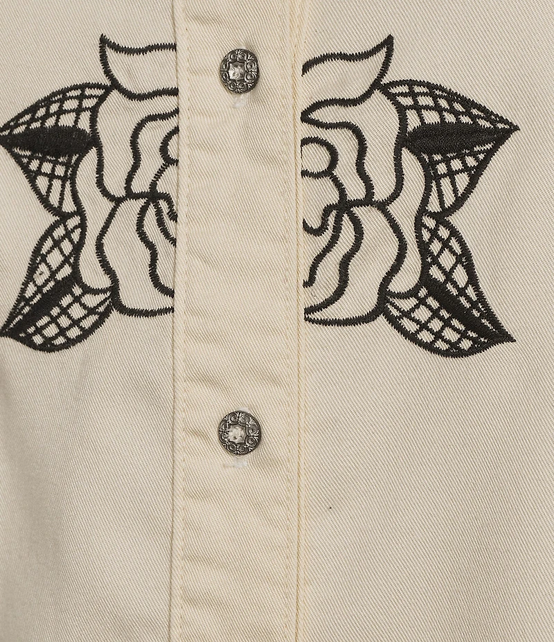 Reba Cassidy Woven Point Collar Long Sleeve Rose Embroidered Top