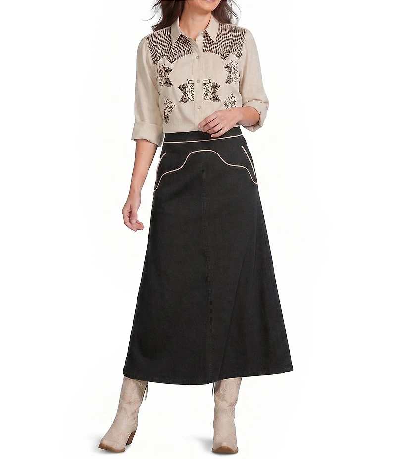 Reba Cassidy Woven Point Collar Long Sleeve Rose Embroidered Top