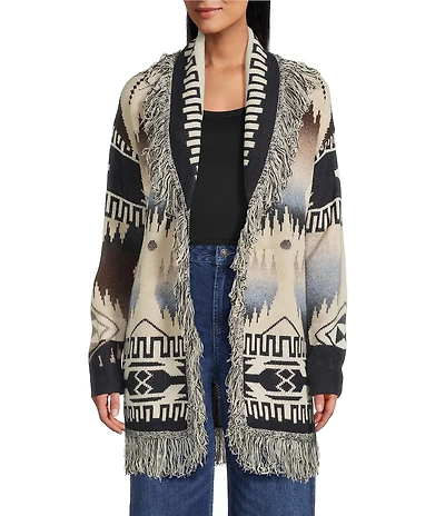 Reba Dakota Knit Jacquard South Western Print Open Front Long Sleeve Cardigan