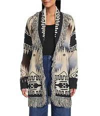 Reba Dakota Knit Jacquard South Western Print Open Front Long Sleeve Cardigan