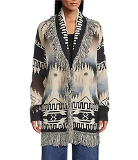 Reba Dakota Knit Jacquard South Western Print Open Front Long Sleeve Cardigan
