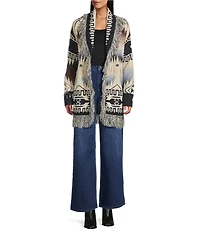 Reba Dakota Knit Jacquard South Western Print Open Front Long Sleeve Cardigan