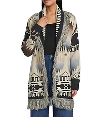 Reba Dakota Knit Jacquard South Western Print Open Front Long Sleeve Cardigan