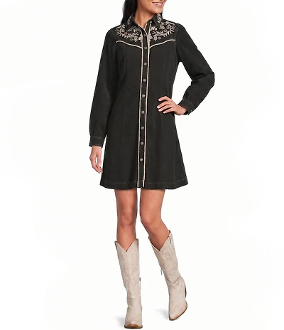 Reba Dakota Point Collar Long Sleeve Embroidered Shirt Dress