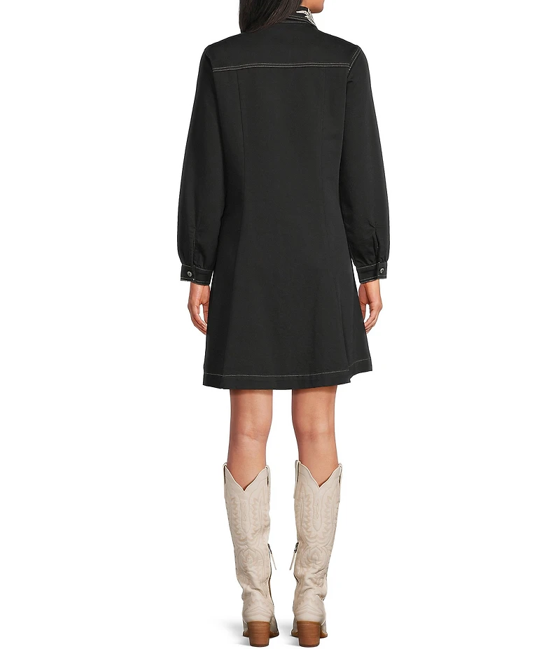Reba Dakota Point Collar Long Sleeve Embroidered Shirt Dress