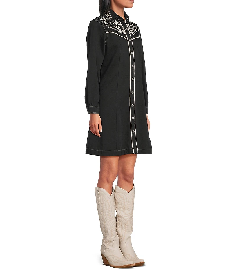 Reba Dakota Point Collar Long Sleeve Embroidered Shirt Dress