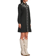 Reba Dakota Point Collar Long Sleeve Embroidered Shirt Dress