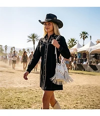 Reba Dakota Point Collar Long Sleeve Embroidered Shirt Dress