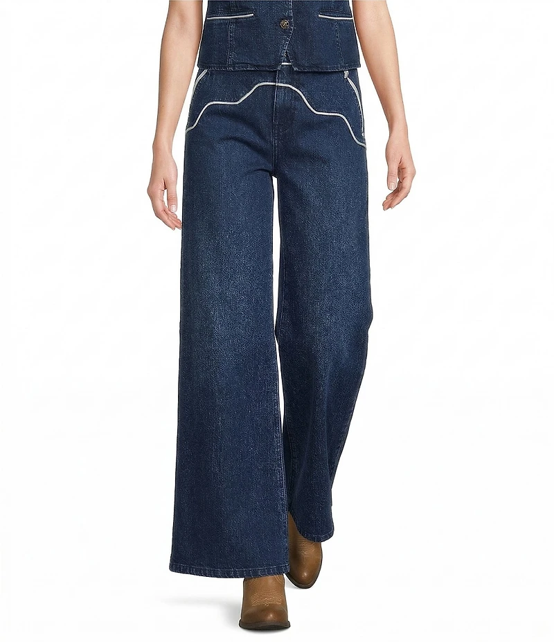 Reba Denim Contrast Piping Wide Leg Coordinating Jeans