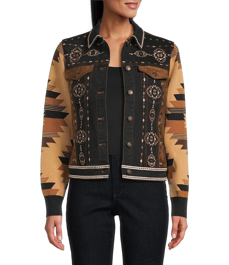 Reba Denim Faux Suede Knit Jacquard Point Collar Long Sleeve Embroidered Button Front Jacket
