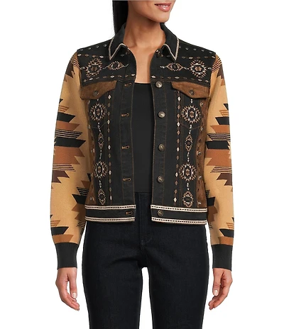 Reba Denim Faux Suede Knit Jacquard Point Collar Long Sleeve Embroidered Button Front Jacket