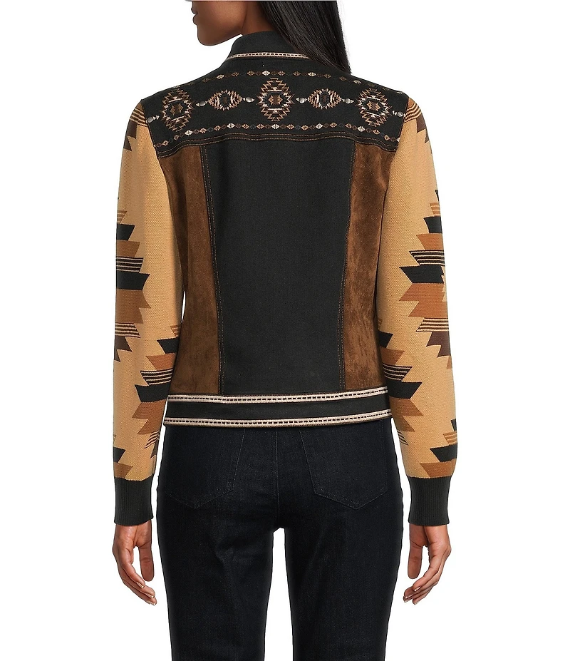 Reba Denim Faux Suede Knit Jacquard Point Collar Long Sleeve Embroidered Button Front Jacket