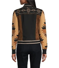 Reba Denim Faux Suede Knit Jacquard Point Collar Long Sleeve Embroidered Button Front Jacket