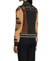 Reba Denim Faux Suede Knit Jacquard Point Collar Long Sleeve Embroidered Button Front Jacket