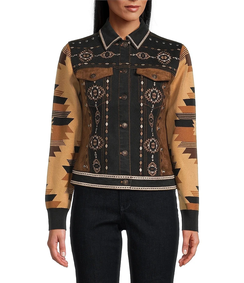Reba Denim Faux Suede Knit Jacquard Point Collar Long Sleeve Embroidered Button Front Jacket