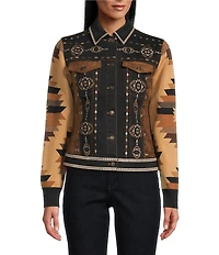 Reba Denim Faux Suede Knit Jacquard Point Collar Long Sleeve Embroidered Button Front Jacket