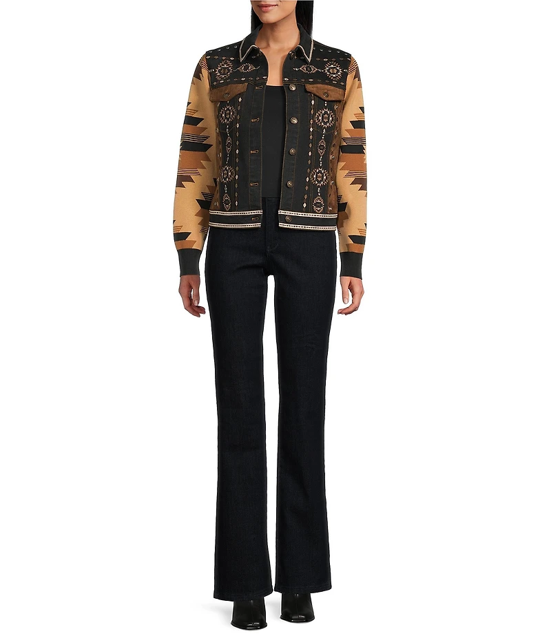 Reba Denim Faux Suede Knit Jacquard Point Collar Long Sleeve Embroidered Button Front Jacket