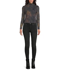 Reba Dustwood Mesh Knit Abstract Print Mock Neck Long Sleeve Top