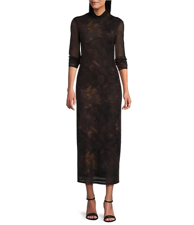 Reba Dustwood Mesh Mock Neck Long Sleeve Midi Sheath Dress