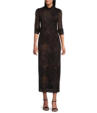 Reba Dustwood Mesh Mock Neck Long Sleeve Midi Sheath Dress