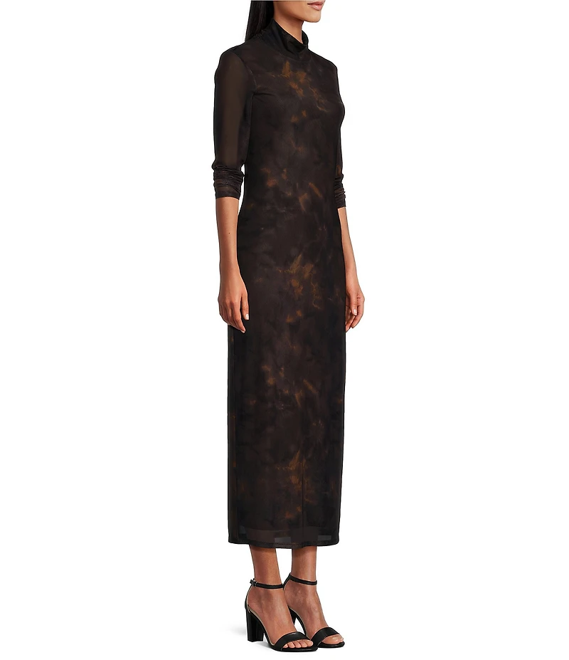 Reba Dustwood Mesh Mock Neck Long Sleeve Midi Sheath Dress