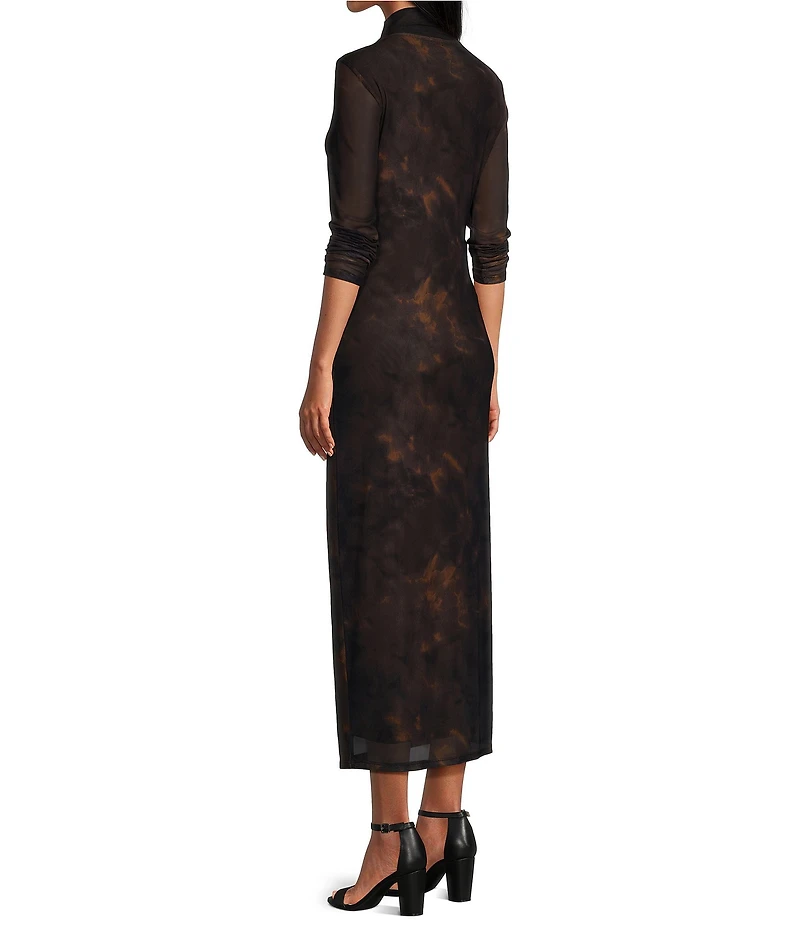 Reba Dustwood Mesh Mock Neck Long Sleeve Midi Sheath Dress