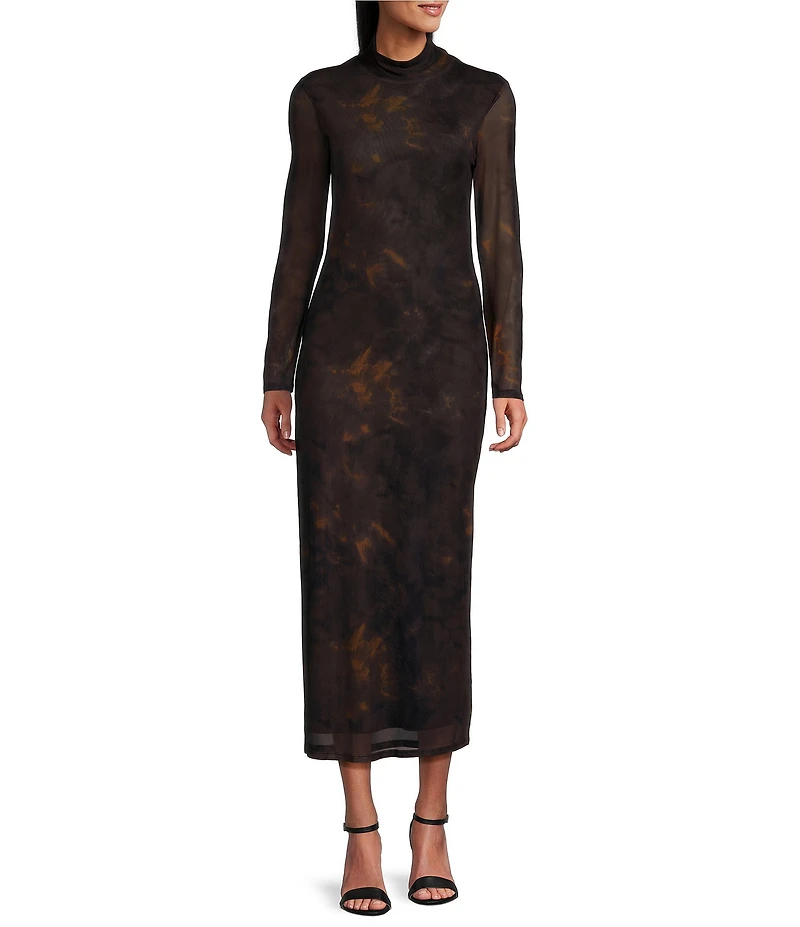 Reba Dustwood Mesh Mock Neck Long Sleeve Midi Sheath Dress
