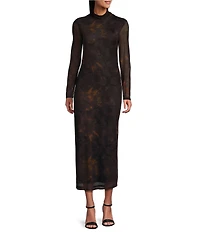 Reba Dustwood Mesh Mock Neck Long Sleeve Midi Sheath Dress
