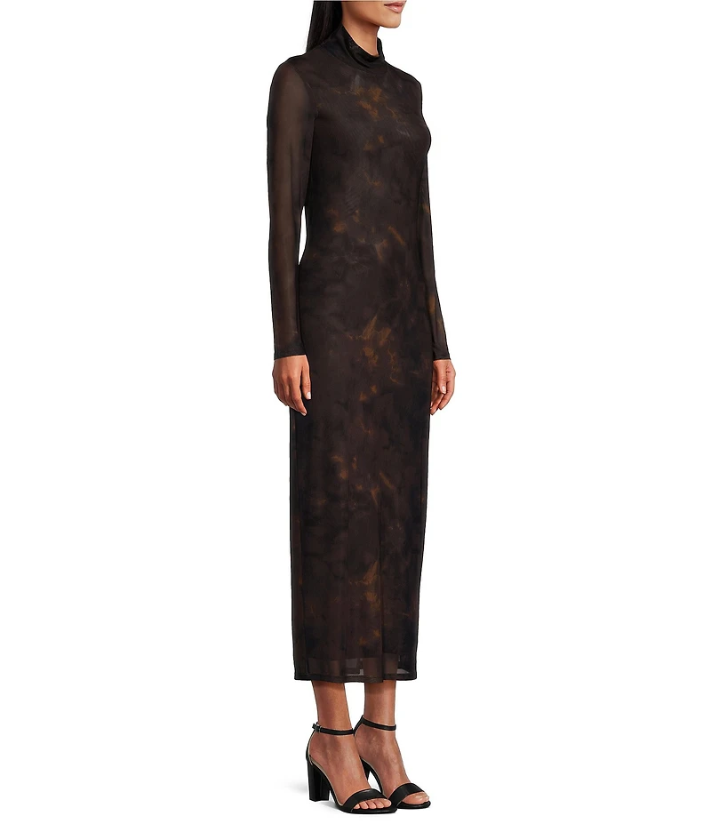 Reba Dustwood Mesh Mock Neck Long Sleeve Midi Sheath Dress