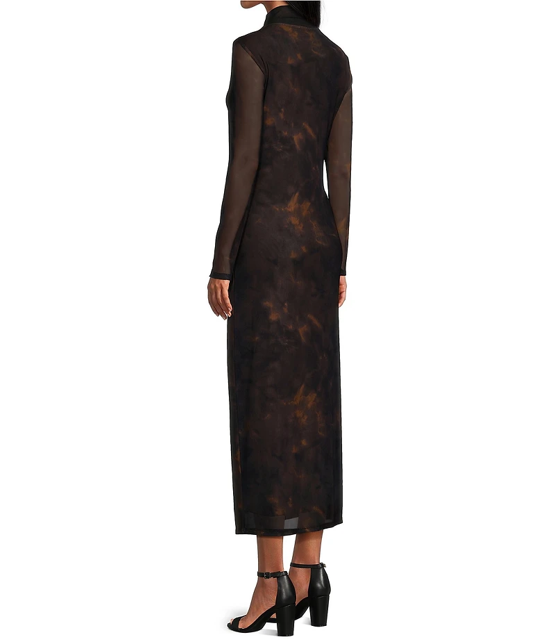 Reba Dustwood Mesh Mock Neck Long Sleeve Midi Sheath Dress