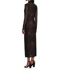 Reba Dustwood Mesh Mock Neck Long Sleeve Midi Sheath Dress