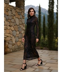 Reba Dustwood Mesh Mock Neck Long Sleeve Midi Sheath Dress