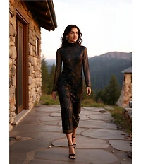 Reba Dustwood Mesh Mock Neck Long Sleeve Midi Sheath Dress