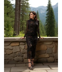 Reba Dustwood Mesh Mock Neck Long Sleeve Midi Sheath Dress