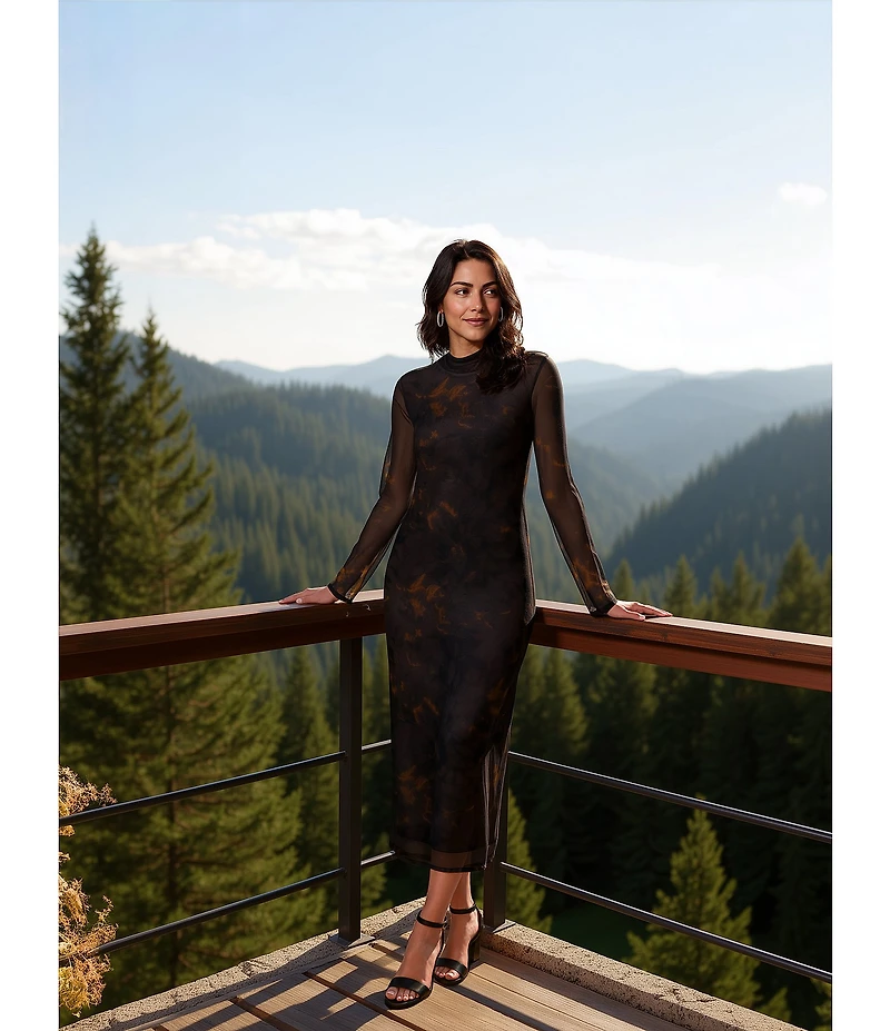 Reba Dustwood Mesh Mock Neck Long Sleeve Midi Sheath Dress