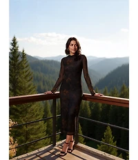 Reba Dustwood Mesh Mock Neck Long Sleeve Midi Sheath Dress